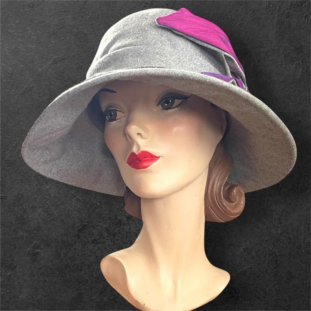 Kate Landry Grey 100% Wool Hat Wide Brim Cloche Purple Satin Ribbon ✨READ✨ - Picture 2 of 13